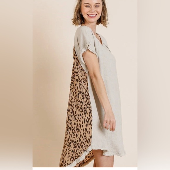 Umgee Dresses & Skirts - Umgee XL Leopard Back Linen Hi Low Dress Raw Fringe Hem Beach Boho Vacay Women